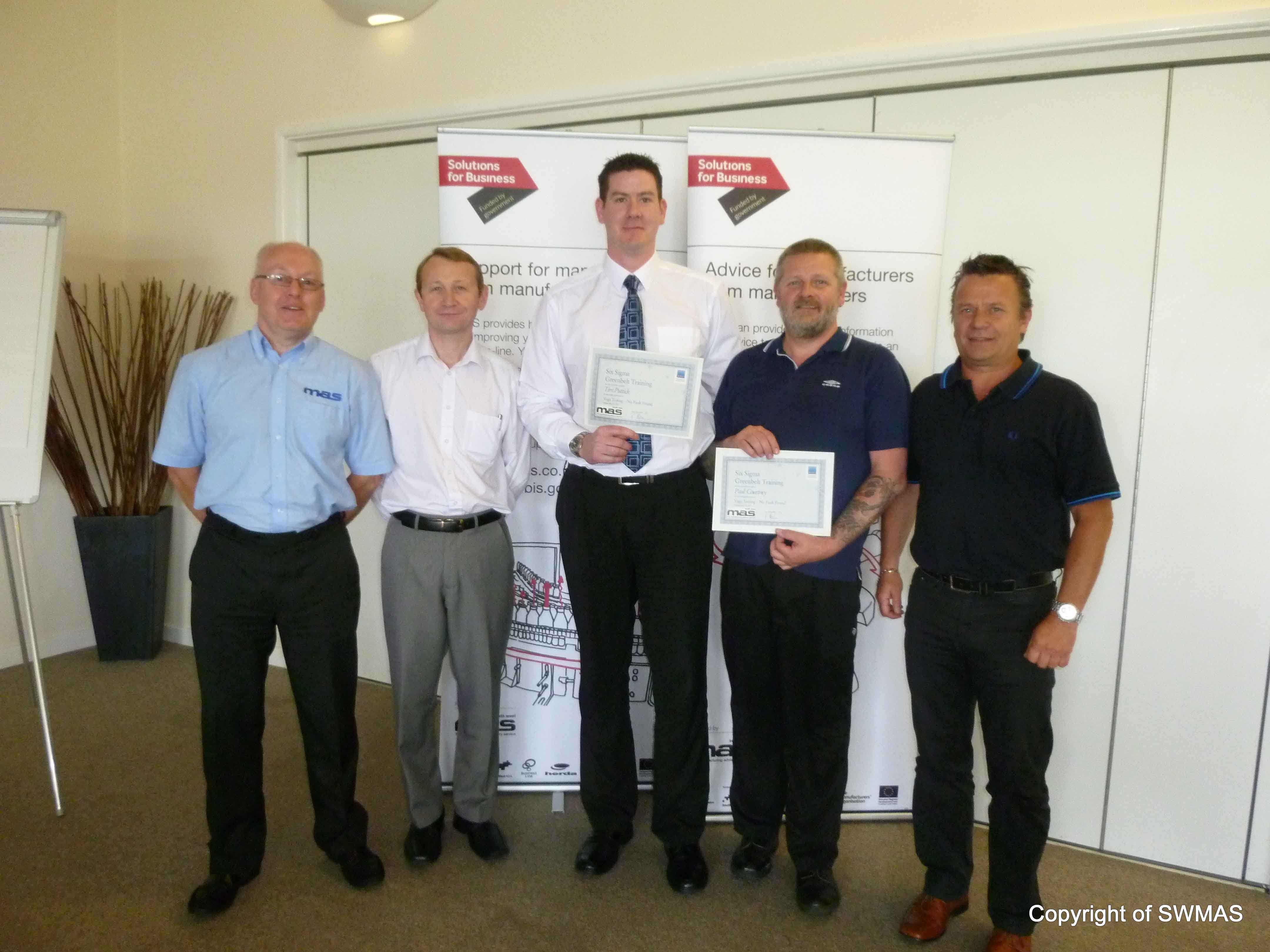 Lean Six-Sigma Manufacturing Specialists for MAS in the South West, Phil Halse & Paul Allen join Green Belt certificate holders Tim Puttick & Paul Courtney & Black Belt holder Clive Davies